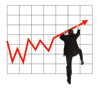 A young businessman climbing up a positive chart. All on white background.