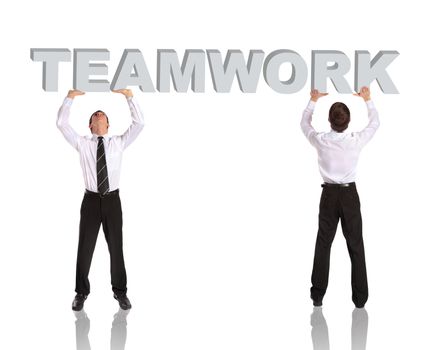 Two businessman lifting up the word teamwork. All isolated on white background.