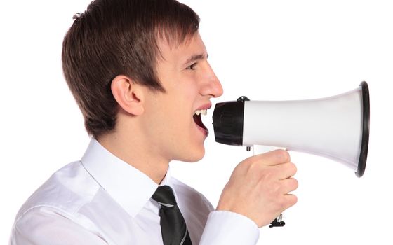 A young businessman using a megaphone. All isolated on white background.