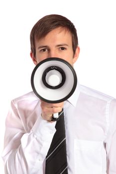 A young businessman using a megaphone. All isolated on white background.