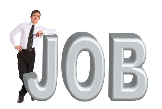 A young businessman standing next to the word job. All isolated on white background.
