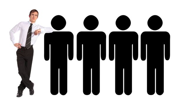 A young businessman standing next to a row of stylized persons. All isolated on white background.