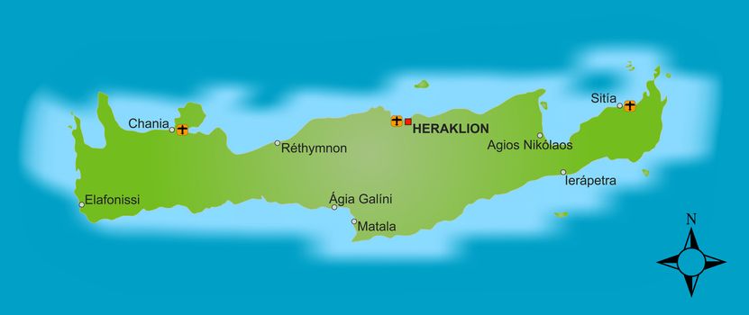 A stylized map of the greek island crete showing different cities.