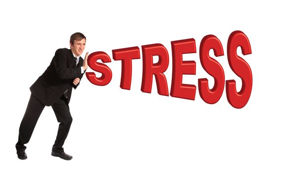 A young businessman braces himself against the word stress. All isolated on white background.