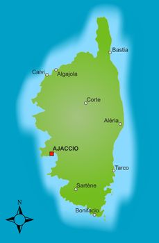 A stylized map of the french island corsica showing different cities.