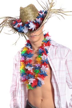 A young man at a summer party wearing lots of decoration. All isolated on white background.