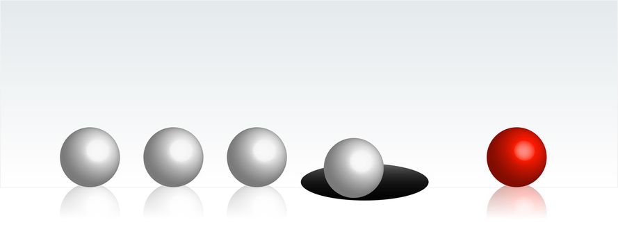 An illustration showing a line of white balls falling into a hole one by another. Just one single red ball made it on the other side.