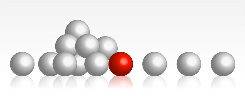 An illustration showing a single red ball brakes a row of white balls.