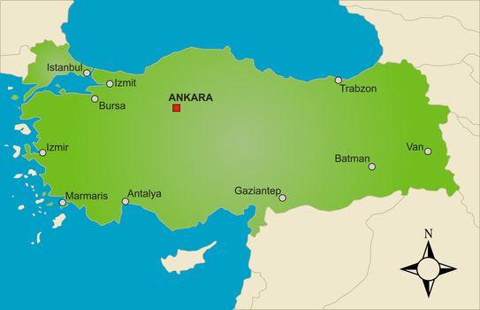 A stylized map of Turkey showing different cities.