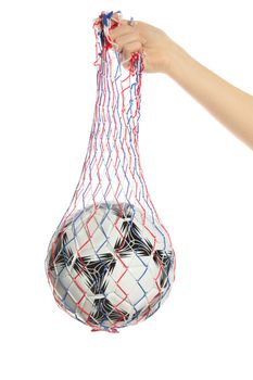A human hand carrying a soccer ball in a bag. All isolated on white background.