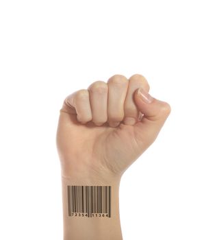 A human hand with a barcode on his wrist. All isolated on white background.