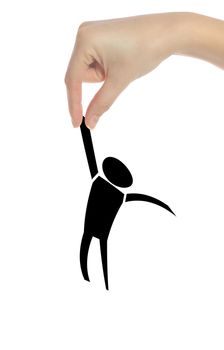 A human hand lifting up a stylized person. All isolated own hite background.