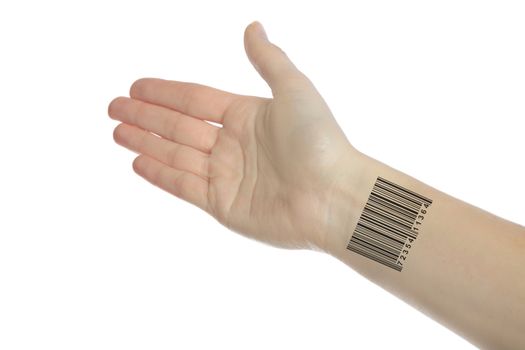 A human hand with a barcode on the wrist. All isolated own hite background.