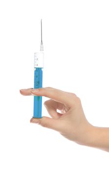 A human hand holding a syringe. All isolated on white background.