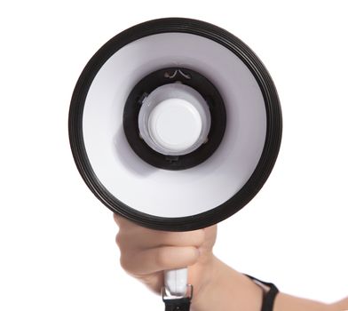 A human hand holding a standard megaphone. All isolated on white background.