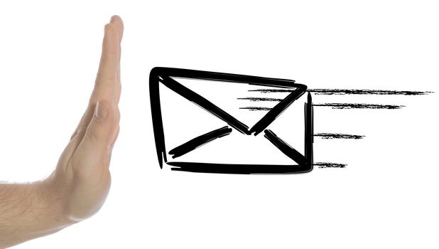 A human hand stopping a flying envelope and symbolizing a spam filter. All isolated on white background.