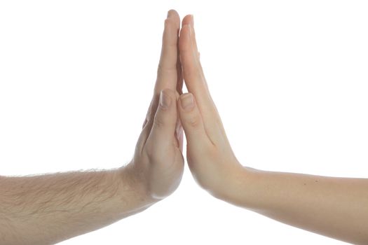 Two persons holding hands. All isolated on white background.