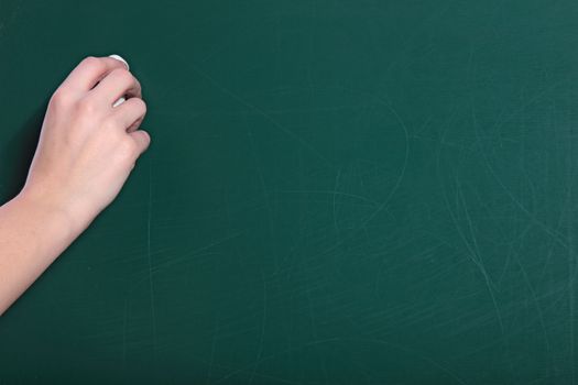 A human hand starts writiing on a blackboard.