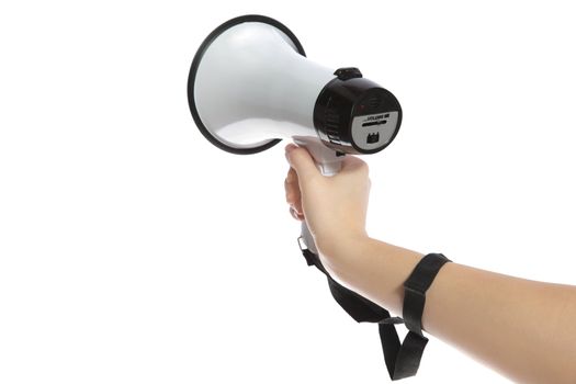 A neat human hand holding a standard megaphone. All isolated on white background.