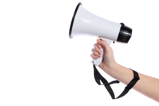 A neat human hand holding a standard megaphone. All isolated on white background.