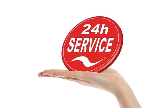 A neat human hand holding a stylized sign that offers a 24 hour service. All isolated on white background.