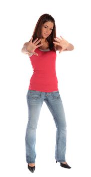 An attractive young woman makes a repelling gesture. All isolated on white background.