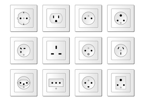 An illustration shows all usual electric sockets worldwide. All isolated on white background.