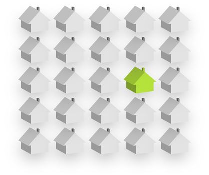 An illustration showing man similar houses except one single one. All isolated on white background.