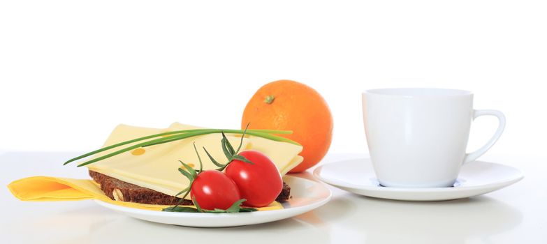 Fine served granary bread with cheese. All on white background.