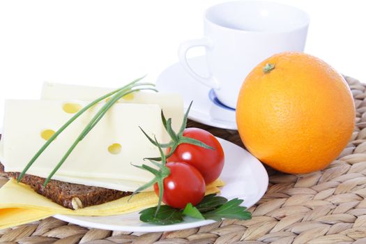 Fine served granary bread with cheese. All on white background.