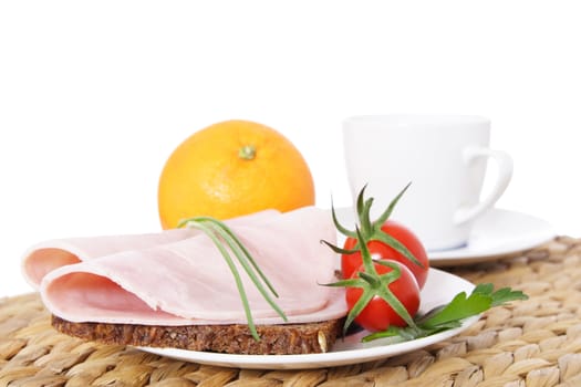 Fine served granary bread with boiled ham. All on white background.