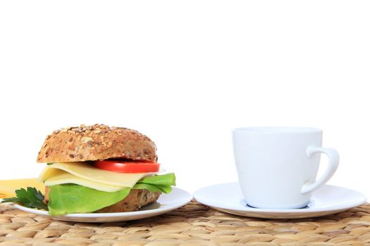 Fine served multi-grain roll with cheese. All on white background.