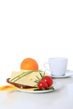 Fine served granary bread with cheese. All on white background.