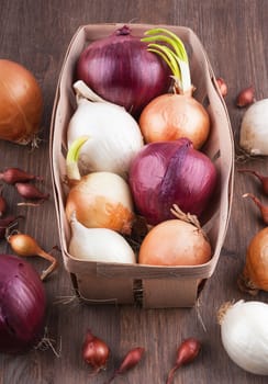 Different varieties of onions on a kitchen board and wooden surface