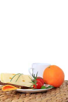 Fine served granary bread with cheese. All on white background.