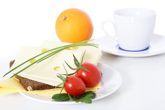 Fine served granary bread with cheese. All on white background.