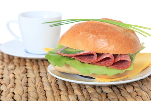 Fine served wheat roll with salami. All on white background.