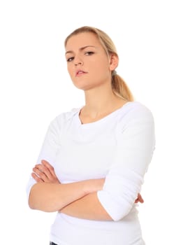 Skeptical young scandinavian woman. All on white background.