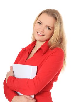 Attractive blond student holding study papers. All on white background.