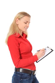 Attractive blond woman doing a survey. All on white background.
