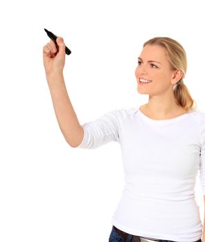 Attractive blond woman using a marker. All on white background.