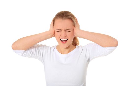 Attractive blond woman suffering from too much noise. All on white background.