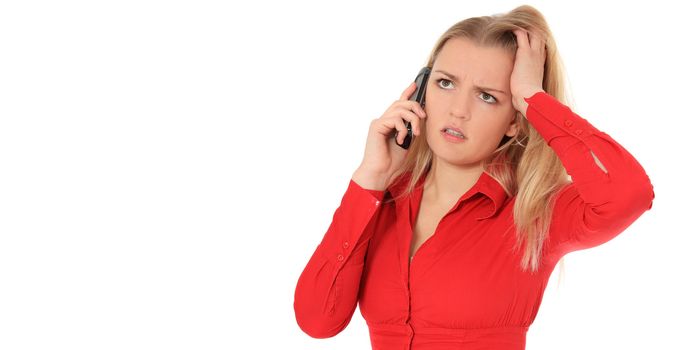 Attractive blond woman is placed on hold. All on white background.