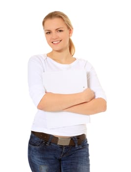 Attractive blond student. All on white background.