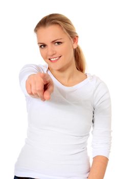 Attractive blond woman pointing with finger. All on white background.