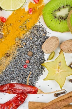 Colorful spices on a white background - beautiful kitchen image.