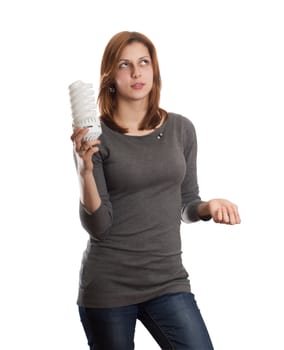 attractive girl holding a fluorescent tube on a white background isolated