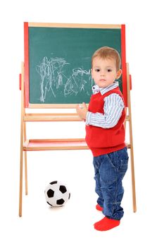 Cute caucasian toddler doodling. All isolated on white background.