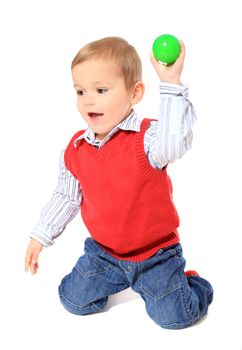 Cute caucasian toddler clowning around. All on white background.