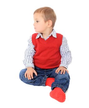 Cute caucasian toddler looking to the side. All on white background.